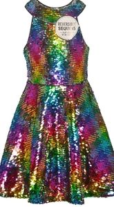 Girl's flip sequin rainbow silver party dress 5 5T
